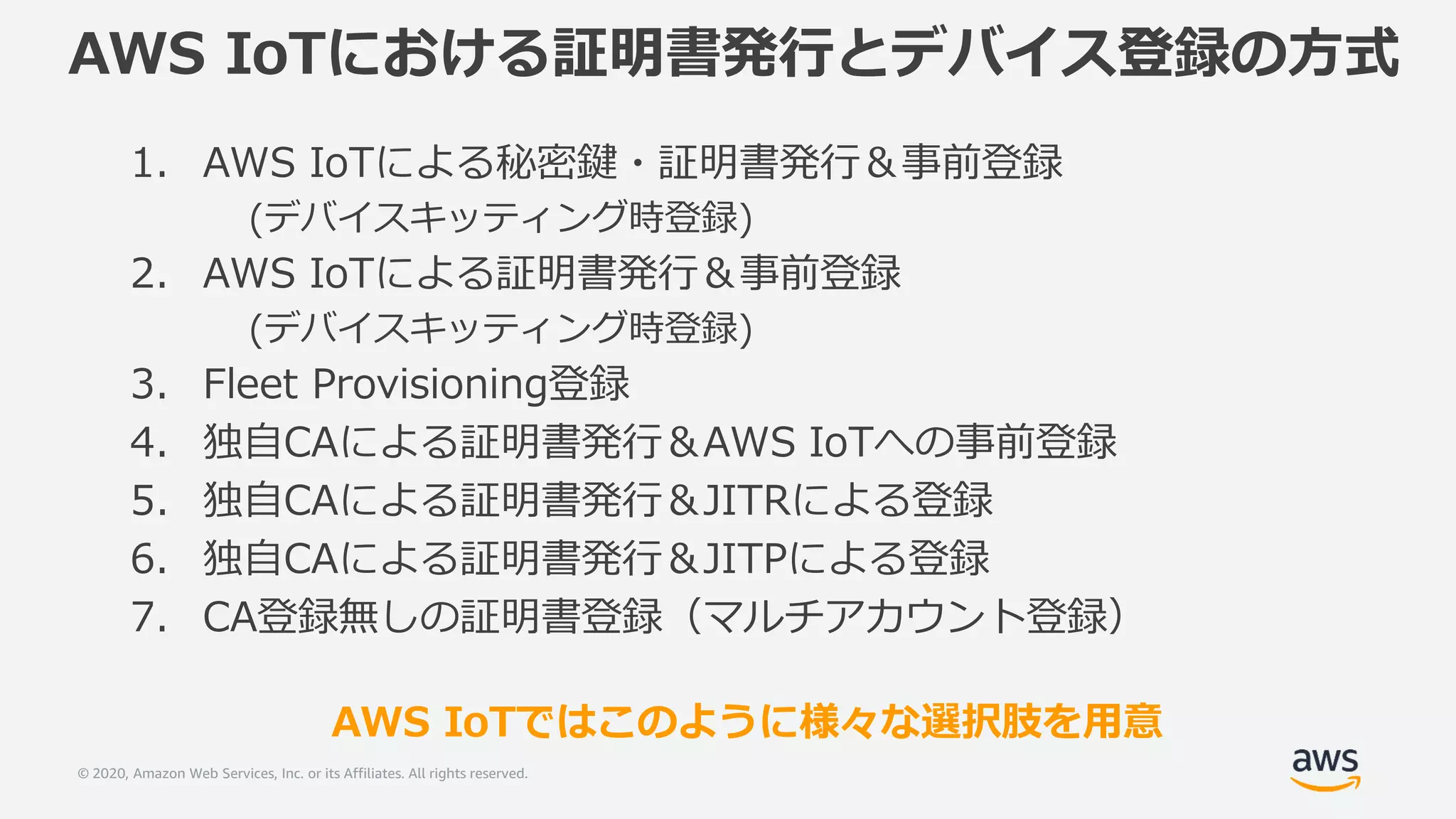 © 2020, Amazon Web Services, Inc. or its Affiliates. All rights reserved.
AWS IoTにおける証明書発行とデバイス登録の方式
1. AWS IoTによる秘密鍵・証明書発行＆事前登録
(デバイスキッティング時登録)
2. AWS IoTによる証明書発行＆事前登録
(デバイスキッティング時登録)
3. Fleet Provisioning登録
4. 独自CAによる証明書発行＆AWS IoTへの事前登録
5. 独自CAによる証明書発行＆JITRによる登録
6. 独自CAによる証明書発行＆JITPによる登録
7. CA登録無しの証明書登録（マルチアカウント登録）
AWS IoTではこのように様々な選択肢を用意
 
