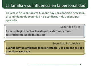 La familia y su influencia en la personalidad
En la base de la naturaleza humana hay una condición necesaria;
el sentimiento de seguridad = da confianza = da audacia por
aprender.

                                           Seguridad física
Estar protegido contra los ataques externos, y tener
satisfechas necesidades básicas

                                   Seguridad Psicológica
Cuando hay un ambiente familiar estable, y la persona se sabe
querida y aceptada
 