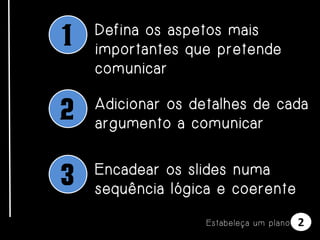 1

Defina os aspetos mais
importantes que pretende
comunicar

2

Adicionar os detalhes de cada
argumento a comunicar

3

Encadear os slides numa
sequência lógica e coerente
E s t a be l e ça u m p l a n o

2

 