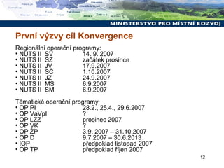 První výzvy cíl Konvergence Regionální operační programy: NUTS II  SV   14. 9. 2007 NUTS II  SZ   začátek prosince NUTS II  JV 17.9.2007 NUTS II  SČ   1.10.2007 NUTS II  JZ 24.9.2007 NUTS II  MS   6.9.2007 NUTS II  SM   6.9.2007 Tématické operační programy : OP PI 28.2., 25.4., 29.6.2007 OP VaVpI ? OP LZZ prosinec 2007 OP VK ?  OP ŹP 3.9. 2007 – 31.10.2007 OP D 9.7.2007 – 30.6.2013 IOP předpoklad listopad 2007 OP TP předpoklad říjen 2007 