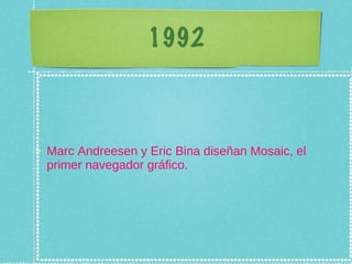 1992 Marc Andreesen y Eric Bina diseñan Mosaic, el primer navegador gráfico. 