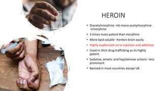 HEROIN
• Diacetylmorphine →6 mono-acetylmorphine
→morphine
• 3 times more potent than morphine
• More lipid soluble →enters brain easily
• Highly euphoriant on iv injection and addictive
• Used in illicit drug trafficking as its highly
potent
• Sedative, emetic and hypotensive actions –less
prominent
• Banned in most countries except UK
 