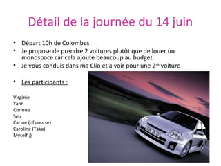 Détail de la journée du 14 juin
• Départ 10h de Colombes
• Je propose de prendre 2 voitures plutôt que de louer un
monospace car cela ajoute beaucoup au budget.
• Je vous conduis dans ma Clio et à voir pour une 2nde voiture
• Les participants :
Virginie
Yann
Corinne
Seb
Carine (of course)
Caroline (Taka)
Myself ;)

 