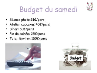 Budget du samedi
•
•
•
•
•

Séance photo:31€/pers
Atelier cupcakes:40€/pers
Dîner: 50€/pers
Fin de soirée: 25€/pers
Total: Environ 150€/pers

 