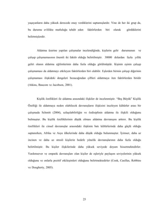 25
yaşayanların daha yüksek derecede onay verdiklerini saptamışlardır. Yine de her iki grup da,
bu durumu evlilikte mutluluğu tehdit eden faktörlerden biri olarak gördüklerini
belirtmişlerdir.
Aldatma üzerine yapılan çalışmalar incelendiğinde, kişilerin gelir durumunun ve
çalışıp çalışmamasının önemli iki faktör olduğu belirtilmiştir. 30000 dolardan fazla yıllık
geliri olanın aldatma eğilimlerinin daha fazla olduğu görülmüştür. Kişinin eşinin çalışıp
çalışmaması da aldatmayı etkileyen faktörlerden biri olabilir. Eşlerden birinin çalışıp diğerinin
çalışmaması ilişkideki dengeleri bozacağından çiftleri aldatmaya iten faktörlerden biridir
(Atkins, Baucom ve Jacobson, 2001).
Kişilik özellikleri ile aldatma arasındaki ilişkiler de incelenmiştir. “Beş Büyük” Kişilik
Özelliği ile aldatmaya neden olabilecek davranışların ilişkisini inceleyen kültürler arası bir
çalışmada Schmitt (2004), uzlaşılabilirliğin ve özdisiplinin aldatma ile ilişkili olduğunu
bulmuştur. Bu kişilik özelliklerinin düşük olması aldatma davranışını arttırır. Bu kişilik
özellikleri ile cinsel davranışlar arasındaki ilişkinin batı kültürlerinde daha güçlü olduğu
saptanırken, Afrika ve Asya ülkelerinde daha düşük olduğu bulunmuştur. İyimser, daha az
incinen ve daha az stresli kişilerin hedefe yönelik davranışlarının daha fazla olduğu
belirtilmiştir. Bu kişiler ilişkilerinde daha yüksek seviyede doyum hissetmektedirler.
Yardımsever ve empatik davranışları olan kişiler de eşleriyle paylaşım seviyelerinin yüksek
olduğunu ve onlarla pozitif etkileşimleri olduğunu belirtmektedirler (Cook, Casillas, Robbins
ve Dougherty, 2005).
 