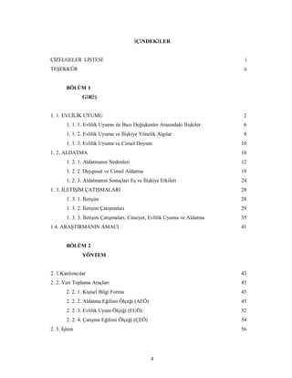 4
İÇİNDEKİLER
ÇİZELGELER LİSTESİ i
TEŞEKKÜR ii
BÖLÜM 1
GİRİŞ
1. 1. EVLİLİK UYUMU 2
1. 1. 1. Evlilik Uyumu ile Bazı Değişkenler Arasındaki İlişkiler 6
1. 1. 2. Evlilik Uyumu ve İlişkiye Yönelik Algılar 8
1. 1. 3. Evlilik Uyumu ve Cinsel Doyum 10
1. 2. ALDATMA 10
1. 2. 1. Aldatmanın Nedenleri 12
1. 2. 2. Duygusal ve Cinsel Aldatma 19
1. 2. 3. Aldatmanın Sonuçları Eş ve İlişkiye Etkileri 24
1. 3. İLETİŞİM ÇATIŞMALARI 28
1. 3. 1. İletişim 28
1. 3. 2. İletişim Çatışmaları 29
1. 3. 3. İletişim Çatışmaları, Cinsiyet, Evlilik Uyumu ve Aldatma 35
1.4. ARAŞTIRMANIN AMACI 41
BÖLÜM 2
YÖNTEM
2. 1.Katılımcılar 43
2. 2. Veri Toplama Araçları 45
2. 2. 1. Kişisel Bilgi Formu 45
2. 2. 2. Aldatma Eğilimi Ölçeği (AEÖ) 45
2. 2. 3. Evlilik Uyum Ölçeği (EUÖ) 52
2. 2. 4. Çatışma Eğilimi Ölçeği (ÇEÖ) 54
2. 3. İşlem 56
 