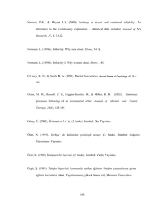 106
Nannini, D.K., & Meyers L.S. (2000). Jealousy in sexual and emotional infedelity: An
alternative to the evolutionary explanation – statistical data included. Journal of Sex
Research, 37, 117-122.
Norment, L. (1998a). Infidelity: Why men cheat. Ebony, 54(1).
Norment, L. (1998b). Infidelity II Why women cheat. Ebony, 148.
O’Leary, K. D., & Smith D. A. (1991). Marital Interactions. Annual Review of Psychology, 42, 191-
192.
Olson, M. M., Russell, C. S., Higgins-Kessler, M., & Miller, R. B. (2002). Emotional
processes following of an extramarital affair. Journal of Marital and Family
Therapy, 28(4), 423-434.
Oskay, Ü. (2001). İletişimin a b c’ si. (3. baskı). İstanbul: Der Yayınları.
Öner, N. (1997). Türkiye’ de kullanılan psikolojik testler. (3. baskı). İstanbul: Boğaziçi
Üniversitesi Yayınları.
Özer, K. (1998). İletişimsizlik becerisi. (2. baskı). İstanbul: Varlık Yayınları.
Özgit, Ş. (1991). İletişim becerileri konusunda verilen eğitimin iletişim çatışmalarına girme
eğilimi üzerindeki etkisi. Yayınlanmamış yüksek lisans tezi, Marmara Üniversitesi.
 
