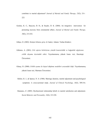 102
contribute to marital adjustment? Journal of Marital and Family Therapy, 25(2), 211-
223.
Gordon, K. C., Baucom, D. H., & Snyder, D. K. (2004). An integrative intervention for
promoting recovery from extramarital affairs. Journal of Marital and Family Therapy,
30(2), 213-232.
Gökçe, O. (2002). İletişim bilimine giriş. (4. baskı). Ankara: Turhan Kitabevi.
Gökmen, A. (2001). Evli eşlerin birbirlerine yönelik kontrolcülük ve bağımlılık algılarının
evlilik doyumu üzerindeki etkisi. Yayınlanmamış yüksek lisans tezi, Hacettepe
Üniversitesi.
Günay, O. (2000). Evlilik uyumu ile kişisel düşünme modelleri arasındaki ilişki. Yayınlanmamış
yüksek lisans tezi, Marmara Üniversitesi.
Hafner, R. J., & Spence, N. S. (1988). Marriage duration, marital adjustment and psychological
symptoms: A cross-sectional study. Journal of Clinical Psychology, 44(3), 309-316.
Hamamcı, Z. (2005). Dysfunctional relationship beliefs in marital satisfaction and adjustment.
Social Behavior and Personality, 33(4), 313-328.
 