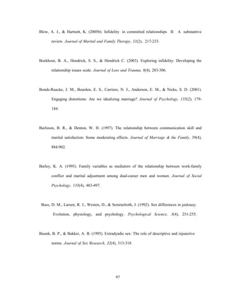 97
Blow, A. J., & Hartnett, K. (2005b). Infidelity in committed relationships II: A substantive
review. Journal of Marital and Family Therapy, 31(2), 217-233.
Boekhout, B. A., Hendrick, S. S., & Hendrick C. (2003). Exploring infidelity: Developing the
relationship issues scale. Journal of Loss and Trauma, 8(4), 283-306.
Bonds-Raacke, J. M., Bearden, E. S., Carriere, N. J., Anderson, E. M., & Nicks, S. D. (2001).
Engaging distortions: Are we idealizing marriage? Journal of Psychology, 135(2), 179-
184.
Burleson, B. R., & Denton, W. H. (1997). The relationship between communication skill and
marital satisfaction: Some moderating effects. Journal of Marriage & the Family, 59(4),
884-902.
Burley, K. A. (1995). Family variables as mediators of the relationship between work-family
conflict and marital adjustment among dual-career men and women. Journal of Social
Psychology, 135(4), 483-497.
Buss, D. M., Larsen, R. J., Westen, D., & Semmelroth, J. (1992). Sex differences in jealousy:
Evolution, physiology, and psychology. Psychological Science, 3(4), 251-255.
Buunk, B. P., & Bakker, A. B. (1995). Extradyadic sex: The role of descriptive and injunctive
norms. Journal of Sex Research, 32(4), 313-318.
 