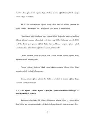 73
50.60’tır. Buna göre, evlilik uyumu düşük olanların aldatma eğilimlerinin yüksek olduğu
sonucu ortaya çıkmaktadır.
ANOVA’da cinsiyet-çatışma eğilimi düzeyi ortak etkisi de anlamlı çıkmıştır. Bu
etkinin kaynağı Tukey-Kramer testi (Hovardaoğlu, 1994, s.134) ile araştırılmıştır.
Tukey-Kramer testi sonuçlarına göre, çatışma eğilimi düşük olan kadın ve erkeklerin
aldatma eğilimleri arasında anlamlı fark vardır (q=6.12, p<0.05). Ortalamalar sırasıyla 49.46,
67.27’dir. Buna göre, çatışma eğilimi düşük olan erkeklerin, çatışma eğilimi düşük
kadınlardan daha fazla aldatma eğilimleri oldukları görülmektedir.
Çatışma eğilimleri düşük ve yüksek olan kadınlar arasında aldatma eğilimi düzeyi
açısından anlamlı bir fark yoktur.
Çatışma eğilimleri düşük ve yüksek olan erkekler arasında da aldatma eğilimi düzeyi
açısından anlamlı bir fark bulunmamıştır.
Ayrıca, çatışma eğilimi yüksek olan kadın ve erkekler de aldatma eğilimi düzeyi
açısından farklılaşmamaktadır.
3. 3. Evlilik Uyumu, Aldatma Eğilimi ve Çatışma Eğilimi Puanlarının Birbirleriyle ve
Bazı Değişkenlerle İlişkileri
Katılımcıların hepsinden elde edilen evlilik uyumu, aldatma eğilimi ve çatışma eğilimi
düzeyleri ile yaş, sosyoekonomik düzey, ilişkinin başlangıcı ile evlilik kararı arasındaki süre,
 