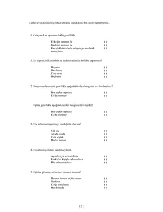 121
Lütfen evliliğinizi en iyi ifade ettiğine inandığınız bir cevabı işaretleyiniz.
10. Ortaya çıkan uyumsuzluklar genellikle:
Erkeğin susması ile ( )
Kadının susması ile ( )
Karşılıklı tavizlerle anlaşmaya varılarak ( )
sonuçlanır.
11. Ev dışı etkinliklerinizin ne kadarını eşinizle birlikte yaparsınız?
Hepsini ( )
Bazılarını ( )
Çok azını ( )
Hiçbirini ( )
12. Boş zamanlarınızda genellikle aşağıdakilerden hangisini tercih edersiniz?
Bir şeyler yapmayı ( )
Evdeoturmayı ( )
Eşiniz genellikle aşağıdakilerden hangisini tercih eder?
Bir şeyler yapmayı ( )
Evdeoturmayı ( )
13. Hiç evlenmemiş olmayı istediğiniz olur mu?
Sık sık ( )
Arada sırada ( )
Çok seyrek ( )
Hiçbir zaman ( )
14. Hayatınızı yeniden yaşabilseydiniz,
Aynı kişiyle evlenirdiniz ( )
Farklı bir kişiyle evlenirdiniz ( )
Hiçevlenmezdiniz ( )
15. Eşinize güvenir, sırlarınızı ona açar mısınız?
Hemen hemen hiçbir zaman ( )
Nadiren ( )
Çoğukonularda ( )
Her konuda ( )
 