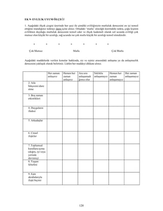 120
EK 9- EVLİLİK UYUM ÖLÇEĞİ
1. Aşağıdaki ölçek çizgisi üzerinde her şeyi ile şimdiki evliliğinizin mutluluk derecesini en iyi temsil
ettiğine inandığınız noktayı daire içine alınız. Ortadaki ‘mutlu’ sözcüğü üzerindeki nokta, çoğu kişinin
evlilikten duyduğu mutluluk derecesini temsil eder ve ölçek kademeli olarak sol ucunda evliliği çok
mutsuz olan küçük bir azınlığı, sağ ucunda ise çok mutlu küçük bir azınlığı temsil etmektedir.
* * * * * * *
Çok Mutsuz Mutlu Çok Mutlu
Aşağıdaki maddelerde verilen konular hakkında, siz ve eşiniz arasındaki anlaşma ya da anlaşmazlık
derecesini yaklaşık olarak belirtiniz. Lütfen her maddeyi dikkate alınız.
Her zaman
anlaşırız
Hemen her
zaman
anlaşırız
Ara sıra
anlaşamadı
ğımız olur
Sıklıkla
anlaşamayız
Hemen her
zaman
anlaşamayız
Her zaman
anlaşamayız
2. Aile
bütçesiniidare
etme
3. Boş zaman
etkinlikleri
4. Duyguların
ifadesi
5. Arkadaşlar
6. Cinsel
ilişkiler
7. Toplumsal
kurallara uyma
(doğru, iyi veya
yerinde
davranış)
8. Yaşam
felsefesi
9. Eşin
akrabalarıyla
ilişki biçimi
 