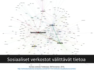 Sometu-verkosto Twitterissä, Olli Parviainen, 2010,  http ://verkostoanatomia.wordpress.com/2010/11/01/verkosto-visualisoituna-sometu/   Sosiaaliset verkostot välittävät tietoa  