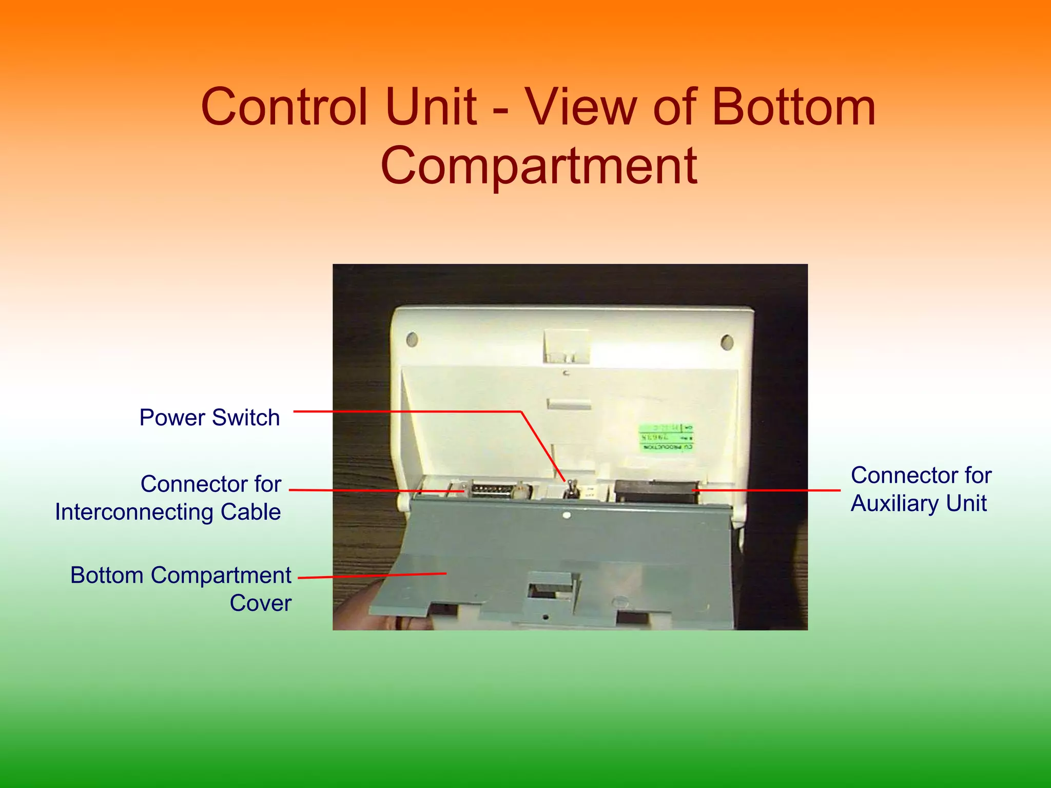 Control Unit - View of Bottom Compartment Power Switch Bottom Compartment Cover Connector for Interconnecting Cable Connector for  Auxiliary Unit 
