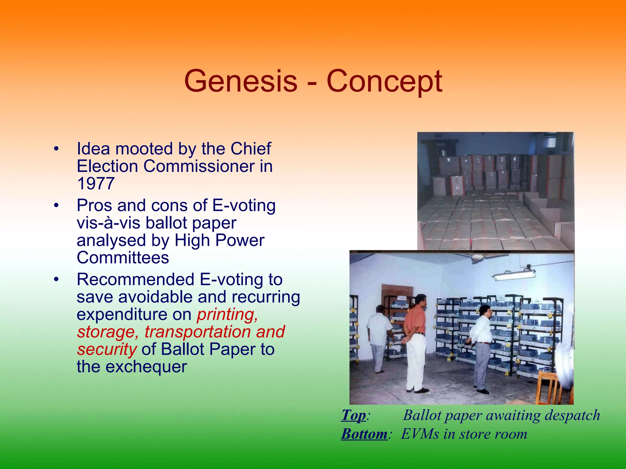 Genesis - Concept Idea mooted by the Chief Election Commissioner in 1977 Pros and cons of E-voting vis-à-vis ballot paper analysed by High Power Committees Recommended E-voting to save avoidable and recurring expenditure on  printing, storage, transportation and security  of Ballot Paper to the exchequer Top :  Ballot paper awaiting despatch Bottom :  EVMs in store room 