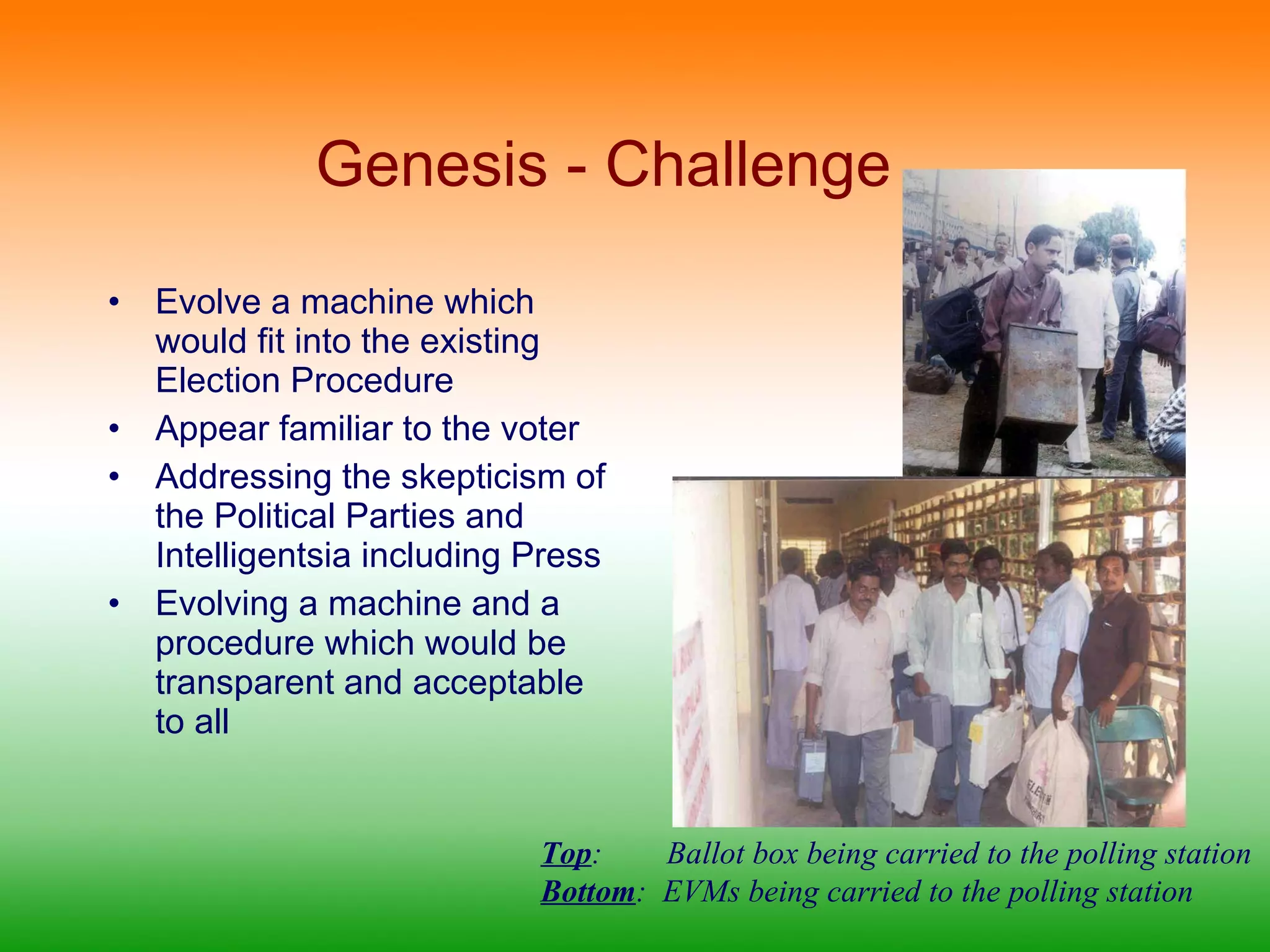 Genesis - Challenge Evolve a machine which would fit into the existing Election Procedure Appear familiar to the voter Addressing the skepticism of the Political Parties and Intelligentsia including Press Evolving a machine and a procedure which would be transparent and acceptable to all  Top :  Ballot box being carried to the polling station Bottom :  EVMs being carried to the polling station 