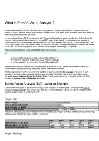 What is Earned Value Analysis?
Earned Value Analysis (EVA) or Earned Value Management (EVM) is considered to be one of the more
difficult concepts for PMP Exam. PMP aspirants are just afraid EVA terms. PMP aspirants dread EVA formulas
and calculations associated with them.
Let me be honest here. My first experience with Earned Value Analysis was on similar lines. I did not find the
concept intuitive when I started preparing for my PMP exam. Even though my first experience was not a
pleasant experience, I persevered. I understood Earned Value Analysis with the help of a small example. One
of my friend helped me in the process. After, I understood the topic, Earned Value Analysis seemed like a walk
in the park. Since then my opinion about Earned Value Analysis has changed completely.
You need a good teacher to get you started with a new concept.
So,
 Is Earned Value Analysis as bad as it is made out to be?
 Why do PMP aspirants find Earned Value Analysis difficult?
 Is there a easy way to understand Earned Value Analysis?
Earned Value Analysis concept is lot simpler than it is made out to be. I believe the current situation is a
combined result of poor teaching and poorly written PMP reference books.
The basic principle of EVA is based on the fact that everyone understand Language of Money. In EVA
everything is measured and reported as Money or Monetary Equivalent. The project team determines
the equivalence between Scope, Schedule, Cost. From thereon everything is reported as Money. EVA
provides a singular view of Schedule and Cost.
Earned Value Analysis (EVA) using an Example
I have written this article to explain EVA using a small example. In another post, I have explained EVA in
simple and easy language. You should read both these articles together. Let us consider a small project for
building wooden tables to understand EVA.
ProjectPlan
Project Scope Build 80 tables
Project Schedule Estimate 5 Days
Cost Estimate per Table 1000 units of money
Project Cost Estimate 80000 units of money
The above table provides a equivalence between Project Scope, Project Schedule and Project Cost. Following
table provides detailed Schedule and Cost Estimates.
Day 1 Day 2 Day 3 Day 4 Day 5
Tables Planned to be Built 10 13 17 20 20
Estimated Cost for the Day 10000 13000 17000 20000 20000
Estimated Cumulative Cost 10000 23000 40000 60000 80000
ProjectTracking
 