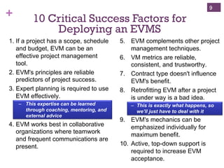 + 10 Critical Success Factors for 
Deploying an EVMS 
9 
1. If a project has a scope, schedule 
and budget, EVM can be an 
effective project management 
tool. 
2. EVM's principles are reliable 
predictors of project success. 
3. Expert planning is required to use 
EVM effectively. 
– This expertise can be learned 
through coaching, mentoring, and 
external advice 
4. EVM works best in collaborative 
organizations where teamwork 
and frequent communications are 
present. 
5. EVM complements other project 
management techniques. 
6. VM metrics are reliable, 
consistent, and trustworthy. 
7. Contract type doesn't influence 
EVM's benefit. 
8. Retrofitting EVM after a project 
is under way is a bad idea. 
– This is exactly what happens, so 
we’ll just have to deal with it 
9. EVM's mechanics can be 
emphasized individually for 
maximum benefit. 
10. Active, top-down support is 
required to increase EVM 
acceptance. 
 