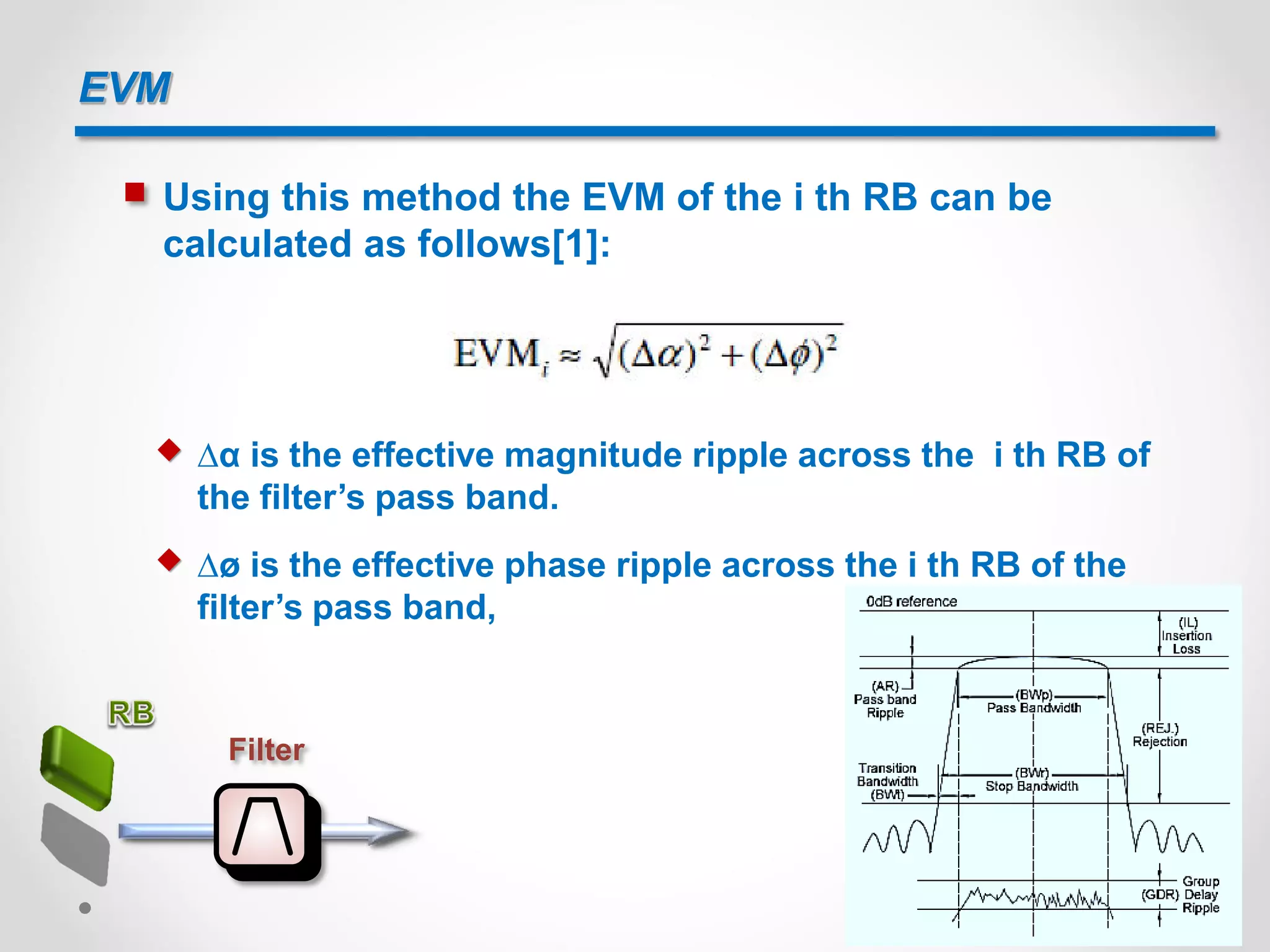 EVM
 Using this method the EVM of the i th RB can be
calculated as follows[1]:
 ∆α is the effective magnitude ripple across the i th RB of
the filter’s pass band.
 ∆ø is the effective phase ripple across the i th RB of the
filter’s pass band,
Filter
 