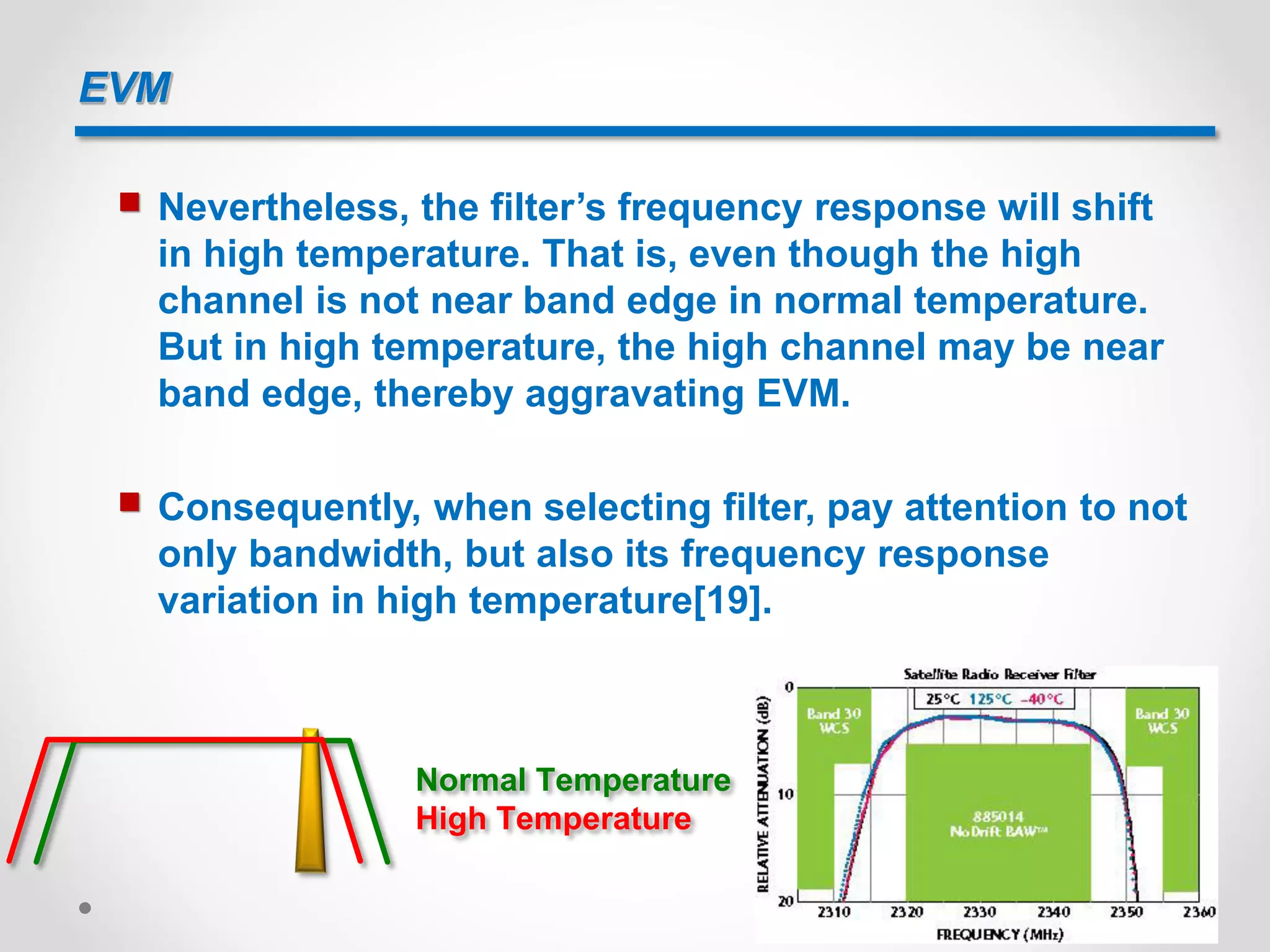 EVM
 Nevertheless, the filter’s frequency response will shift
in high temperature. That is, even though the high
channel is not near band edge in normal temperature.
But in high temperature, the high channel may be near
band edge, thereby aggravating EVM.
Normal Temperature
High Temperature
 Consequently, when selecting filter, pay attention to not
only bandwidth, but also its frequency response
variation in high temperature[19].
 