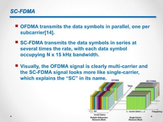 SC-FDMA
 The value of the PAPR is directly proportional to the
number of carriers, and is given by:
where N is the number...