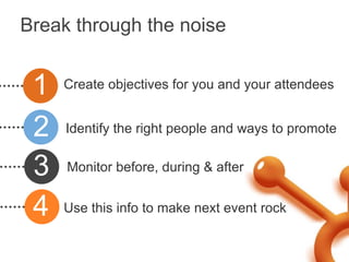 Break through the noise


 1   Create objectives for you and your attendees


 2   Identify the right people and ways to promote


 3   Monitor before, during & after


 4   Use this info to make next event rock
 