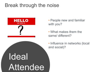 Break through the noise

                  • People new and familiar
                  with you?

                  • What makes them the
                  same/ different?

                  • Influence in networks (local
                  and social)?


 Ideal
 Attendee
 