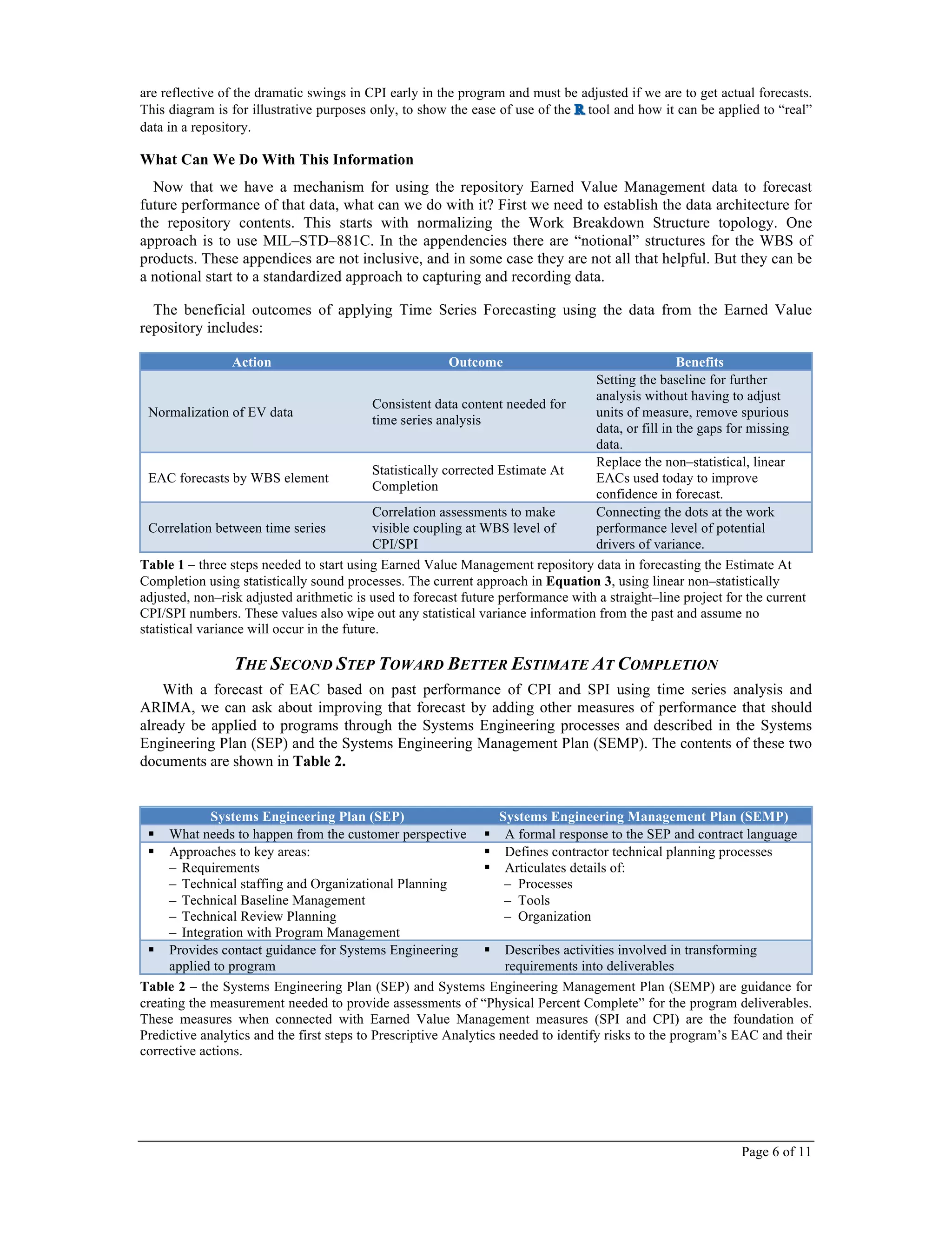 Page 6 of 11
are reflective of the dramatic swings in CPI early in the program and must be adjusted if we are to get actual forecasts.
This diagram is for illustrative purposes only, to show the ease of use of the tool and how it can be applied to “real”
data in a repository.
What Can We Do With This Information
Now that we have a mechanism for using the repository Earned Value Management data to forecast
future performance of that data, what can we do with it? First we need to establish the data architecture for
the repository contents. This starts with normalizing the Work Breakdown Structure topology. One
approach is to use MIL–STD–881C. In the appendencies there are “notional” structures for the WBS of
products. These appendices are not inclusive, and in some case they are not all that helpful. But they can be
a notional start to a standardized approach to capturing and recording data.
The beneficial outcomes of applying Time Series Forecasting using the data from the Earned Value
repository includes:
Action Outcome Benefits
Normalization of EV data
Consistent data content needed for
time series analysis
Setting the baseline for further
analysis without having to adjust
units of measure, remove spurious
data, or fill in the gaps for missing
data.
EAC forecasts by WBS element
Statistically corrected Estimate At
Completion
Replace the non–statistical, linear
EACs used today to improve
confidence in forecast.
Correlation between time series
Correlation assessments to make
visible coupling at WBS level of
CPI/SPI
Connecting the dots at the work
performance level of potential
drivers of variance.
Table 1 – three steps needed to start using Earned Value Management repository data in forecasting the Estimate At
Completion using statistically sound processes. The current approach in Equation 3, using linear non–statistically
adjusted, non–risk adjusted arithmetic is used to forecast future performance with a straight–line project for the current
CPI/SPI numbers. These values also wipe out any statistical variance information from the past and assume no
statistical variance will occur in the future.
THE SECOND STEP TOWARD BETTER ESTIMATE AT COMPLETION
With a forecast of EAC based on past performance of CPI and SPI using time series analysis and
ARIMA, we can ask about improving that forecast by adding other measures of performance that should
already be applied to programs through the Systems Engineering processes and described in the Systems
Engineering Plan (SEP) and the Systems Engineering Management Plan (SEMP). The contents of these two
documents are shown in Table 2.
Systems Engineering Plan (SEP) Systems Engineering Management Plan (SEMP)
! What needs to happen from the customer perspective ! A formal response to the SEP and contract language
! Approaches to key areas:
– Requirements
– Technical staffing and Organizational Planning
– Technical Baseline Management
– Technical Review Planning
– Integration with Program Management
! Defines contractor technical planning processes
! Articulates details of:
– Processes
– Tools
– Organization
! Provides contact guidance for Systems Engineering
applied to program
! Describes activities involved in transforming
requirements into deliverables
Table 2 – the Systems Engineering Plan (SEP) and Systems Engineering Management Plan (SEMP) are guidance for
creating the measurement needed to provide assessments of “Physical Percent Complete” for the program deliverables.
These measures when connected with Earned Value Management measures (SPI and CPI) are the foundation of
Predictive analytics and the first steps to Prescriptive Analytics needed to identify risks to the program’s EAC and their
corrective actions.
 