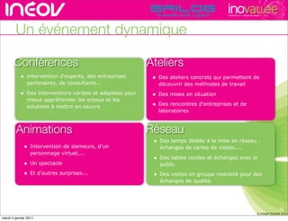TECHNOPOLE DE L’INNOVATION DURABLE




        Un événement dynamique

       Conférences                                        Ateliers               rencontres rhône-alpes de l’innovati
           • Intervention d’experts, des entreprises       • Des ateliers concrets qui permettent de
               partenaires, de consultants...                découvrir des méthodes de travail
           • Des interventions variées et adaptées pour    • Des mises en situation
               mieux appréhender les enjeux et les
               solutions à mettre en oeuvre                • Des rencontres d’entreprises et de
                                                             laboratoires



        Animations                                        Réseau
                                                           • Des temps dédiés à la mise en réseau :
             • Intervention de slameurs, d’un                échanges de cartes de visites,...
                 personnage virtuel,...
                                                           • Des tables rondes et échanges avec le
             • Un spectacle                                  public
             • Et d’autres surprises...                    • Des visites en groupe restreint pour des
                                                             échanges de qualité.




                                                                                                                                          18
                                                                                                                           © Insight Outside 2010
                                                                                                                        © Insight Outside 2010
mardi 4 janvier 2011
 