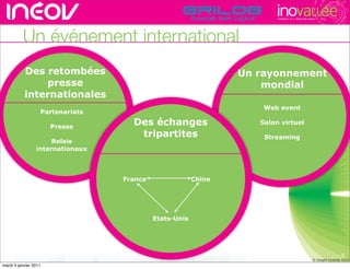 TECHNOPOLE DE L’INNOVATION DURABLE




          Un événement international
           Des retombées                                        Un rayonnement
               presse                                                mondial
                                                                   rencontres rhône-alpes de l’innovati
           internationales
                                                                         Web event
                   Partenariats

                       Presse
                                    Des échanges                       Salon virtuel

                                     tripartites                         Streaming
                      Relais
                 internationaux



                                  France                Chine




                                           Etats-Unis




                                                                                                                                9
                                                                                                               © Insight Outside 2010
                                                                                                            © Insight Outside 2010
mardi 4 janvier 2011
 