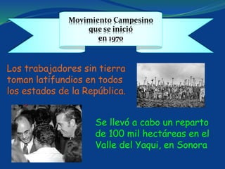 Movimiento Campesino
que se inició
en 1970
Los trabajadores sin tierra
toman latifundios en todos
los estados de la República.
Se llevó a cabo un reparto
de 100 mil hectáreas en el
Valle del Yaqui, en Sonora
 