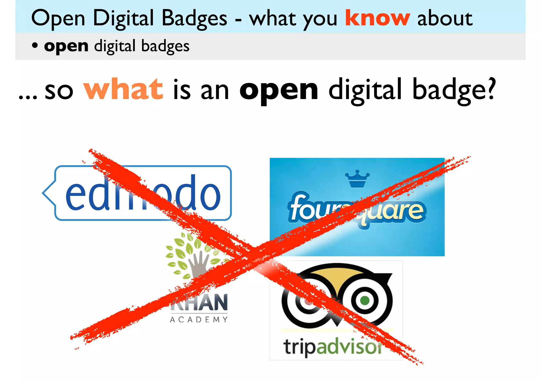 Open Digital Badges - what you know about
• open digital badges

... so what is an open digital badge?

 