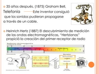 35 años después, (1875) Graham Bell, Telefonia              Este inventor consiguió que los sonidos pudieran propagarse a través de un cable.HeinrichHertz (1887) El descubrimiento de medición de las ondas electromagnéticas, “Hertzianas” propició la creación del primer receptor de radio