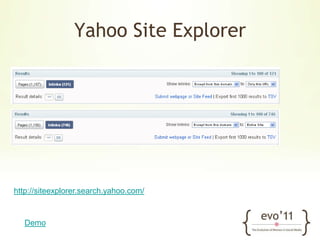 SEOmoz Ranking FactorsYearly survey and data analytics to construct how search engines rank websitesSurvey among 130+ SEO professionals -> Opinion!Data study on 10K+ randomly sampled keywordshttp://www.seomoz.org/article/search-ranking-factors