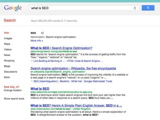 What is SEO


                 SEO stands for
       “search engine optimization.”
It is the process of getting traffic fr...