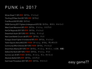 P U N K i n 2 0 1 7
Winter Brawl 11 SF5
The King Of New York 2017 SF5
Final Round XX SF5 25
SXSW Gaming 2017 Fighters Unde...