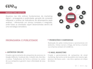 MARKETING DIGITAL
Atuamos nas três esferas fundamentais do marketing
digital – propaganda e publicidade; geração de conteúdo
relevante; e análise de indicadores de desempenho (web
análise) – oferecendo um serviço completo e integrado,
onde todas as atividades sejam desenvolvidas dentro de
uma estratégia vencedora.




PROPAGANDA E PUBLICIDADE                                PROMOÇÕES E CAMPANHAS
                                                       Realização de ações institucionais e promocionais em
                                                       websites, mídias sociais e blogs, de forma a manter
                                                       sua empresa sempre em evidência.


 ANÚNCIOS ONLINE                                        E-MAIL MARKETING
Criação e gerenciamento de campanhas de anúncios no    Criação e gerenciamento de campanhas de email
Google AdWords, Facebook Ads, LinkedIn Ads, Boo-Box    marketing. Aproxime-se de seu público de maneira ágil,
e outras. Trabalhamos de forma a otimizar os custos    precisa e de baixo custo – seu site a apenas um clique
de sua campanha e garantir maior efetividade de seus   do cliente.
anúncios.
                                                                                            12 |   evo.ag
 