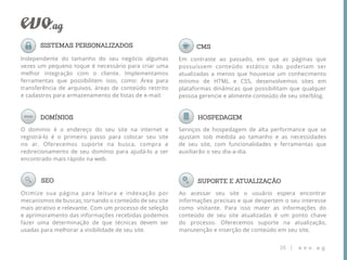 SISTEMAS PERSONALIZADOS                                CMS
Independente do tamanho do seu negócio algumas          Em contraste ao passado, em que as páginas que
vezes um pequeno toque é necessário para criar uma      possuíssem conteúdo estático não poderiam ser
melhor integração com o cliente. Implementamos          atualizadas a menos que houvesse um conhecimento
ferramentas que possibilitem isso, como: Área para      mínimo de HTML e CSS, desenvolvemos sites em
transferência de arquivos, áreas de conteúdo restrito   plataformas dinâmicas que possibilitam que qualquer
e cadastros para armazenamento de listas de e-mail.     pessoa gerencie e alimente conteúdo de seu site/blog.


       DOMÍNIOS                                               HOSPEDAGEM
O domínio é o endereço do seu site na internet e        Serviços de hospedagem de alta performance que se
registrá-lo é o primeiro passo para colocar seu site    ajustam sob medida ao tamanho e as necessidades
no ar. Oferecemos suporte na busca, compra e            de seu site, com funcionalidades e ferramentas que
redirecionamento de seu domínio para ajudá-lo a ser     auxiliarão o seu dia-a-dia.
encontrado mais rápido na web.


       SEO                                                    SUPORTE E ATUALIZAÇÃO
Otimize sua página para leitura e indexação por         Ao acessar seu site o usuário espera encontrar
mecanismos de buscas, tornando o conteúdo de seu site   informações precisas e que despertem o seu interesse
mais atrativo e relevante. Com um processo de seleção   como visitante. Para isso mater as informações do
e aprimoramento das informações recebidas podemos       conteúdo de seu site atualizadas é um ponto chave
fazer uma determinação de que técnicas devem ser        do processo. Oferecemos suporte na atualização,
usadas para melhorar a visibilidade de seu site.        manutenção e inserção de conteúdo em seu site.


                                                                                            16 |   evo.ag
 