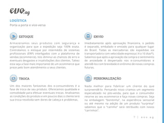 LOGÍSTICA
Porta a porta e vice-versa



       ESTOQUE                                                    ENVIO

Armazenamos seus produtos com segurança e                  Imediatamente após aprovação ﬁnanceira, o pedido
organização para que a expedição seja 100% exata.          é separado, embalado e enviado para qualquer lugar
Controlamos o estoque por intermédio de sistemas           do Brasil. Todas as mercadorias são expedidas via
proﬁssionais (ERP) interligados com a plataforma de        transportadora com velocidade expressa ( 4 a 10 dias*).
vendas (ecommerce). Isto diminui as chances de erro e      Sabemos que após a aprovação da compra o sentimento
eventuais desgastes e insatisfações dos clientes. Talvez   de ansiedade é despertado nos e-consumidores e
esta seja a fase mais importante de um ecommerce que       atendê-los com brevidade é sinônimo de novas compras
preze pelo bom atendimento a seus clientes.                futuras.



       TROCA                                                      PERSONALIZAÇÃO

Um dos maiores fantasmas dos e-consumidores é a            Nada melhor para fidelizar um cliente do que
fase de troca de seu produto. Oferecemos qualidade e       surpreendê-lo. Pensando nisso criamos um segmento
comodidade para efetuar eventuais trocas. Analisamos       especializado no pós-venda, para que o consumidor
as condições do produto e em poucos dias o cliente terá    retorne ao seu ecommerce e faça novas compras. Seja
sua troca resolvida sem dores de cabeça e problemas.       na embalagem “bonitinha”, na experiência sensorial
                                                           ou até mesmo na adição de um produto “surpresa”
                                                           sabemos que o “carinho” será retribuído com novos
                                                           “carrinhos”.

                                                                                                 7 |   evo.ag
 