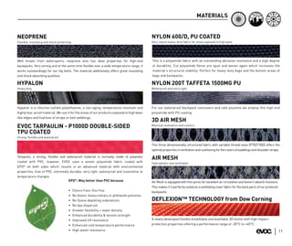 MATERIALS


NEOPRENE                                                                                     NYLON 600/D, PU COATED
Flexible, insulating and shock protecting                                                    Very robust heavy-duty fabric for areas exposed to high wear




Well known from watersports, neoprene also has ideal properties for high-end                 This is a polyamide fabric with an outstanding abrasion resistance and a high degree
backpacks. Very strong and at the same time ﬂexible over a wide temperature range, it        of durability. Cut polyamide ﬁbres are spun and woven again which increases the
works outstandingly for our hip belts. The material additionally offers great insulating     material’s structural stability. Perfect for heavy-duty bags and the bottom areas of
and shock absorbing qualities.                                                               bags and backpacks.

HYPALON                                                                                      NYLON 200T TAFFETA 1500MG PU
Heavy duty                                                                                   Waterproof and extra light




Hypalon is a chlorine-sulfate polyethylene, a non-aging, temperature-resistant and           For our waterproof backpack raincovers and safe pouches we employ this high end
highly tear-proof material. We use it for the areas of our products exposed to high wear     polyamide with PU coating.
like edges and ﬁxations of straps or belt webbings.
                                                                                             3D AIR MESH
EVOC TARPAULIN - P1000D DOUBLE-SIDED                                                         Maximal ventilation and comfort

TPU COATED
Strong, flexible and waterproof

                                                                                             This three dimensionally structured fabric with variable thread sizes (P75D*30D) offers the
                                                                                             optimal properties in ventilation and cushioning for the covers of paddings and shoulder straps.

Tarpaulin, a strong, ﬂexible and waterproof material is normally made of polyester
                                                                                             AIR MESH
coated with PVC, however, EVOC uses a woven polyamide fabric coated with                     Hydrophobic and ventilated
EPO® on both sides which results in an advanced material with environmental
properties: free of PVC, extremely durable, very light, waterproof and insensitive to
temperature changes.
                                  EPO®: Way better than PVC because                          Air Mesh is equipped with ﬁne pores for excellent air circulation and doesn’t absorb moisture.
                                                                                             This makes it it perfectly suited as a ventilating cover fabric for the back parts of our protector
                                       •    Chloro free+ Azo free                            backpacks.
                                       •    No dioxin, heavy metals or phthalate pollution
                                       •    No Ozone depleting substances                    DEFLEXION™ TECHNOLOGY from Dow Corning
                                       •    No dye dispersal
                                       •    Greater flexibility + lower density
                                       •    Enhanced durability & tensile strength
                                       •    Improved UV resistance                           A newly developed flexible breathable and washable 3D textile with high impact-
                                       •    Enhanced cold temperature performance            protection properties offering a performance range of -20°C to +40°C.
                                       •    High water resistance                                                                                                                                  11
 