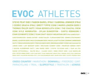 EVOC ATHLETES
STEVE PEAT (GB) | FABIEN BAREL (FRA) | SABRINA JONNIER (FRA)
| CEDRIC GRACIA (FRA) | BRETT TIPPIE (CDN) | MARIO LENZEN (GER) |
THOMAS ÖHLER (AUT) | RYAN BERRECLOTH (CDN) | THE COASTAL CREW
(CDN) (KYLE NORBRATEN - DYLAN DUNKERTON - CURTIS ROBINSON) |
EVAN SCHWARTZ (CDN) | TEAM CRAFT-ROCKY MOUNTAIN (INT) (PIA SUNDSTEDT -
CARSTEN BRESSER - DANIEL GATHOF - GUIDO THALER - FLORIAN KONIETZKO - DENNIS STRATMANN) |

DANIEL SCHÄFER (GER) | MAX SCHUMANN (GER) | MICAYLA GATTO (CDN) | DOMINIC AMBERGER
(AUT) | TOBIAS WOGGON (GER) | TINO KÄSSNER (GER) | BRENDAN HOWEY (CDN) | BRYSON MARTIN
JUNIOR (CDN) | LEIF BARADOY (CDN) | WOLFGANG SCHMIDT (CDN) | MOUNTAIN HEROES (KWT)
| SASCHA KLEEBERGER (AUT) | ANA RAEKE (GER) | STEFFIE TELTSCHER (GER) | TEAM 360 (ITA)
(DAVIDE SOTTOCORNOLA - WALTER BELLI - CLAUDIO COZZI) | ROBIN SPECHT (GER) | ALIA MARCELLINI
(ITA) | PETER HENKE (GER) | FIZIK TEAM (GER) | TEAM TRIBESPORT GROUP (FRA) | MANUEL DUCCI (ITA) |JONATHAN
DEBUS (GER) | VALENTINA MACHEDA (ITA) | LEA SCHLEIFENBAUM (GER) | MARIO KOCH (GER) | ALEXEJ FEDOROV (RUS)




CROSS COUNTRY I MARATHON I DOWNHILL I FREERIDE | DIRT
PARACYCLING I TRIAL I SLOPESTYLE | TRIATHLON | 4CROSS


                                                                                                            65
 