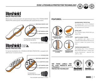 EVOC LITESHIELD PROTECTOR TECHNOLOGY




With its roots in motorcycle sports, the segmented layer design of the LITESHIELD BACK
                                                                                          FEATURES:
PROTECTOR combines perfect shock absorption with a great wearing comfort.
                                                                                                                            MAXIMUM IMPACT PROTECTION:
                                                            BREATHABLE COMFORT LAYER                                        The damping effect of the LITESHIELD
                                                                                                                            BACK PROTECTOR is almost twice as high
                                                                     ADAPTIVE PU-FOAM                                       as required by the CE-standard.


                                                                                                                            EXTRA LIGHT:
                                                                   SOFT DAMPING LAYERS
                                                                                                                            The LITESHIELD BACK PROTECTOR only
                                                                   SEGMENTED EPS-CORE
                                                                                                                            weighs 145g.


                                                                                          MAXIMUM IMPACT     EXTRA LIGHT    ADAPTS FLEXIBLY TO SPINE:
                                    Incorporated in FR BACKPACKS                            PROTECTION
                                                                                                                            The segmented layer design of the
                                    and PROTECTOR VESTS.                                                                    LITESHIELD BACK PROTECTOR allows the
                                                                                                                            protector to adapt to the contours of the
                                                  Also available separately in 3 sizes.
                                                                                                                            spine.


                                                                                                                            TEMPERATURE INSENSITIVITY:
                                                                                                                            The damping effect of the LITESHIELD

                                                                                           ADAPTS FLEXIBLY   TEMPERATURE    BACK PROTECTOR doesn´t change under
To improve breathability the LITESHIELD AIR BACK PROTECTOR is equipped with
                                                                                              TO SPINE       INSENSITIVTY   varying temperatures - approved from
additional air circulation oriﬁces.
                                                                                                                            +30°C to – 20°C.
                                                                        AIR CIRCULATION


                                                             BREATHABLE COMFORT LAYER



                                                                      ADAPTIVE PU-FOAM

                                                                                          SEE THOSE LABELS FOR
                                                                   SOFT DAMPING LAYERS    ALL EVOC PRODUCTS WITH
                                                                   SEGMENTED EPS-CORE
                                                                                          LITESHIELD
                                                                                          PROTECTOR TECHNOLOGY


                                            Incorporated in
                                            PROTECTOR VESTS AIR+.

                                                  Also available separately in 3 sizes.                                                                                 9
 