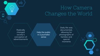 How Camera
Changes the World
Help the public
in a journalist
sense
Daily life was
documented,
allowing for
photographs of
families and
special
moments
Radically
changed
society’s
conception of
advertisements
 