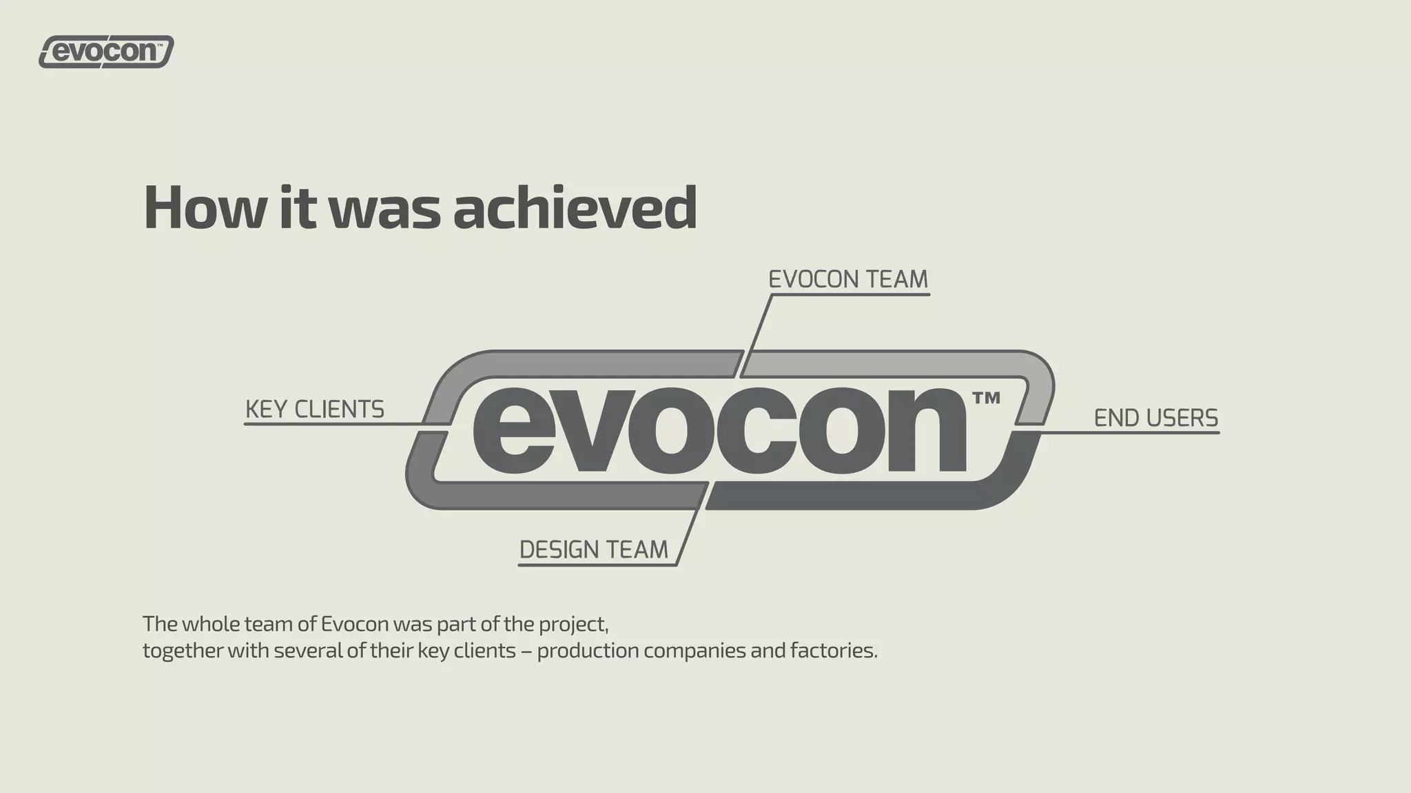 How it was achieved 
EVOCON TEAM 
KEY CLIENTS END USERS 
DESIGN TEAM 
The whole team of Evocon was part of the project, 
together with several of their key clients – production companies and factories. 
 