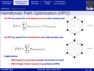 11 / 24Granada, Spain, April 2014EvoCOP 2014
UNIVERSITY*OF*GRANADA*
23225*APRIL*2014
Hamiltonian Path Optimization (HPO)
Definition Neighborhoods
• In TSP we search for a Hamiltonian circuit with minimal cost
• In HPO we search for a Hamiltonian path with minimal cost
• Applications:
•  DNA fragment assembly (usually not solved as such)
•  DNA linkage marker sequencing (solved as HPO)
6
1
2
3
5
4
(1,2,3,4,5)
6
1
2
3
5
4
(1,2,3,4,5)
d
¯f =
↵ +
X
c2C
w(c)
f(⇡) =
n 1X
i=1
w⇡(i),⇡(i+1) + w⇡(n),⇡(1)
Introduction to
Landscapes
Hamiltonian Path
Optimization
Result for
Reversals
Result for
Swaps
Conclusions
& Future Work
 