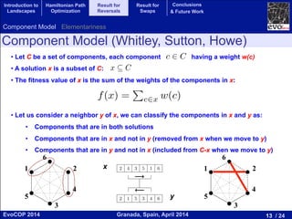 13 / 24Granada, Spain, April 2014EvoCOP 2014
UNIVERSITY*OF*GRANADA*
23225*APRIL*2014
Component Model (Whitley, Sutton, Howe)
Component Model Elementariness
• Let C be a set of components, each component having a weight w(c)
• A solution x is a subset of C:
• The fitness value of x is the sum of the weights of the components in x:
• Let us consider a neighbor y of x, we can classify the components in x and y as:
•  Components that are in both solutions
•  Components that are in x and not in y (removed from x when we move to y)
•  Components that are in y and not in x (included from C-x when we move to y)
Introduction to
Landscapes
Hamiltonian Path
Optimization
Result for
Reversals
Result for
Swaps
Conclusions
& Future Work
4.1 Component Model
Whitley and Sutton developed a “component” based
identify elementary landscapes [17]. Let C be a set of
Each component c 2 C has a weight (or cost) denote
is a subset of components and the evaluation functio
to the sum of the weights of the components in x: f(
C x denote the subset of components that do not
of solution x. Note that the sum of the weights of
computed by
P
c2C w(c) f(x). In the context of the
wave equation can be expressed as:
Avg(f(y))
y2N(x)
= f(x) p1f(x) + p2
X
c2C
where p1 = ↵/d is the (sampling) rate at which com
f(x) are removed from solution x to create a neig
and p2 = /d is the rate at which components in th
create a neighboring solution y 2 N(x). By simple a
X
wap for a permutation of size 6.
nent” based model that makes it easy to
be a set of “components” of a problem.
ost) denoted by w(c). A solution x ✓ C
ion function f(x) maps each solution x
nts in x: f(x) =
P
c2x w(c). Finally, let
hat do not contribute to the evaluation
weights of the components in C x is
ntext of the component model, Grover’s
+ p2
X
c2C
w(c) f(x)
!
,
t which components that contribute to
eate a neighboring solution y 2 N(x),
onents in the set C x are sampled to
By simple algebra,
ed a “component” based model that makes it easy to
es [17]. Let C be a set of “components” of a problem.
weight (or cost) denoted by w(c). A solution x ✓ C
d the evaluation function f(x) maps each solution x
the components in x: f(x) =
P
c2x w(c). Finally, let
omponents that do not contribute to the evaluation
sum of the weights of the components in C x is
x). In the context of the component model, Grover’s
ssed as:
(x) p1f(x) + p2
X
c2C
w(c) f(x)
!
,
pling) rate at which components that contribute to
2 4 3 5 1 6
2 1 5 3 4 6
(a) Reversal
2 4 3 5 1 6
2 1 3 5 4 6
(b) Swap
6
1
2
3
5
4
(1,2,3,4,5)
1 2
3
4
5
6 6
1
2
3
5
4
(1,2,3,4,5)
1 2
3
4
5
6
x
y
 