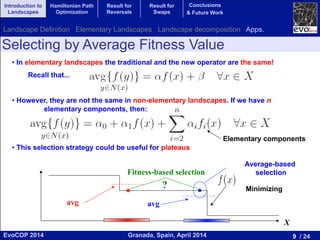 9 / 24Granada, Spain, April 2014EvoCOP 2014
UNIVERSITY*OF*GRANADA*
23225*APRIL*2014
• In elementary landscapes the traditional and the new operator are the same!
Recall that...
• However, they are not the same in non-elementary landscapes. If we have n
elementary components, then:
• This selection strategy could be useful for plateaus
Elementary components
X
Minimizing
avg avg
Fitness-based selection
Average-based
selection
?
Selecting by Average Fitness Value
Introduction to
Landscapes
Hamiltonian Path
Optimization
Result for
Reversals
Result for
Swaps
Conclusions
& Future Work
Landscape Definition Elementary Landscapes Landscape decomposition Apps.
 