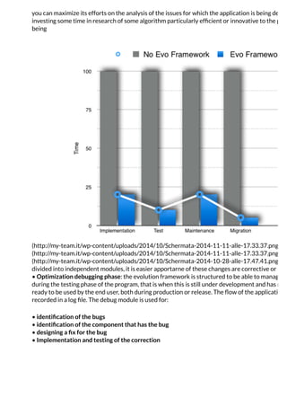 you can maximize its efforts on the analysis of the issues for which the application is being develo
investing some time in research of some algorithm particularly efﬁcient or innovative to the prob
being
(http://my-team.it/wp-content/uploads/2014/10/Schermata-2014-11-11-alle-17.33.37.png)
(http://my-team.it/wp-content/uploads/2014/10/Schermata-2014-11-11-alle-17.33.37.png)
(http://my-team.it/wp-content/uploads/2014/10/Schermata-2014-10-28-alle-17.47.41.png)
divided into independent modules, it is easier apportarne of these changes are corrective or perf
• Optimization debugging phase: the evolution framework is structured to be able to manage th
during the testing phase of the program, that is when this is still under development and has not
ready to be used by the end user, both during production or release. The ﬂow of the application s
recorded in a log ﬁle. The debug module is used for:
• identiﬁcation of the bugs
• identiﬁcation of the component that has the bug
• designing a ﬁx for the bug
• Implementation and testing of the correction
 