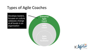16
Types of Agile Coaches
Enterprise
Agile
Coach
Agile
Coach
Agile
Team
Facilitator
Develops leaders,
focuses on culture,
catalyses change
at all levels in an
organisation
 