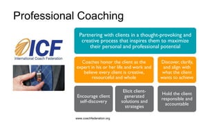 24
Professional Coaching
www.coachfederation.org
Partnering with clients in a thought-provoking and
creative process that inspires them to maximize
their personal and professional potential
Coaches honor the client as the
expert in his or her life and work and
believe every client is creative,
resourceful and whole
Encourage client
self-discovery
Elicit client-
generated
solutions and
strategies
Discover, clarify,
and align with
what the client
wants to achieve
Hold the client
responsible and
accountable
 